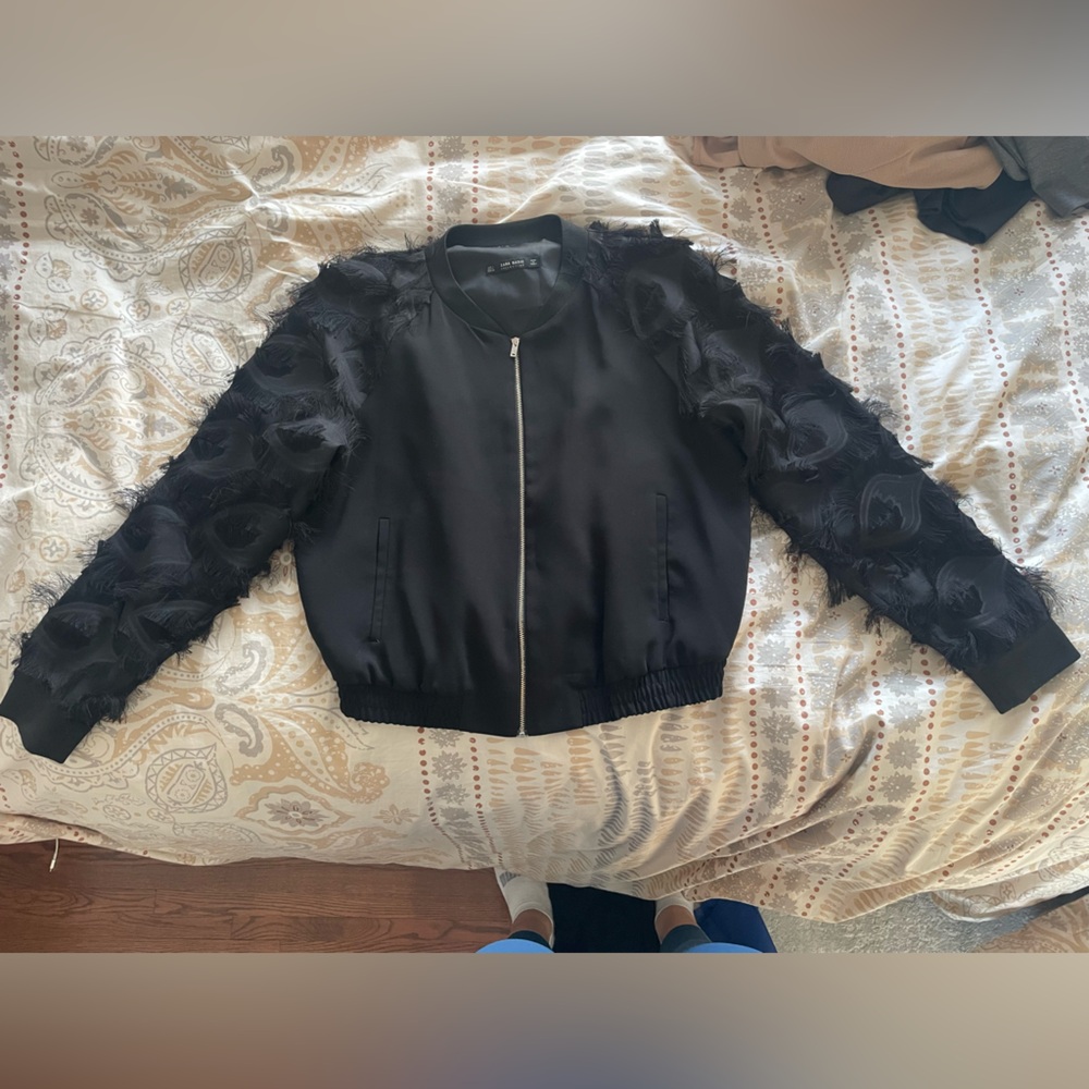 Zara Black Bomber Jacket with Textured Feather-Style Sleeves